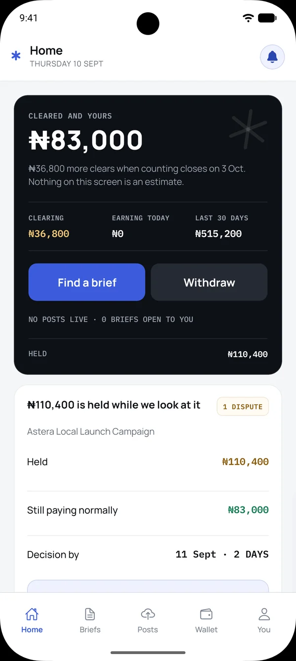 Astera app home screen: ₦83,000 cleared and yours, amounts still clearing and held, with Find a brief and Withdraw buttons.