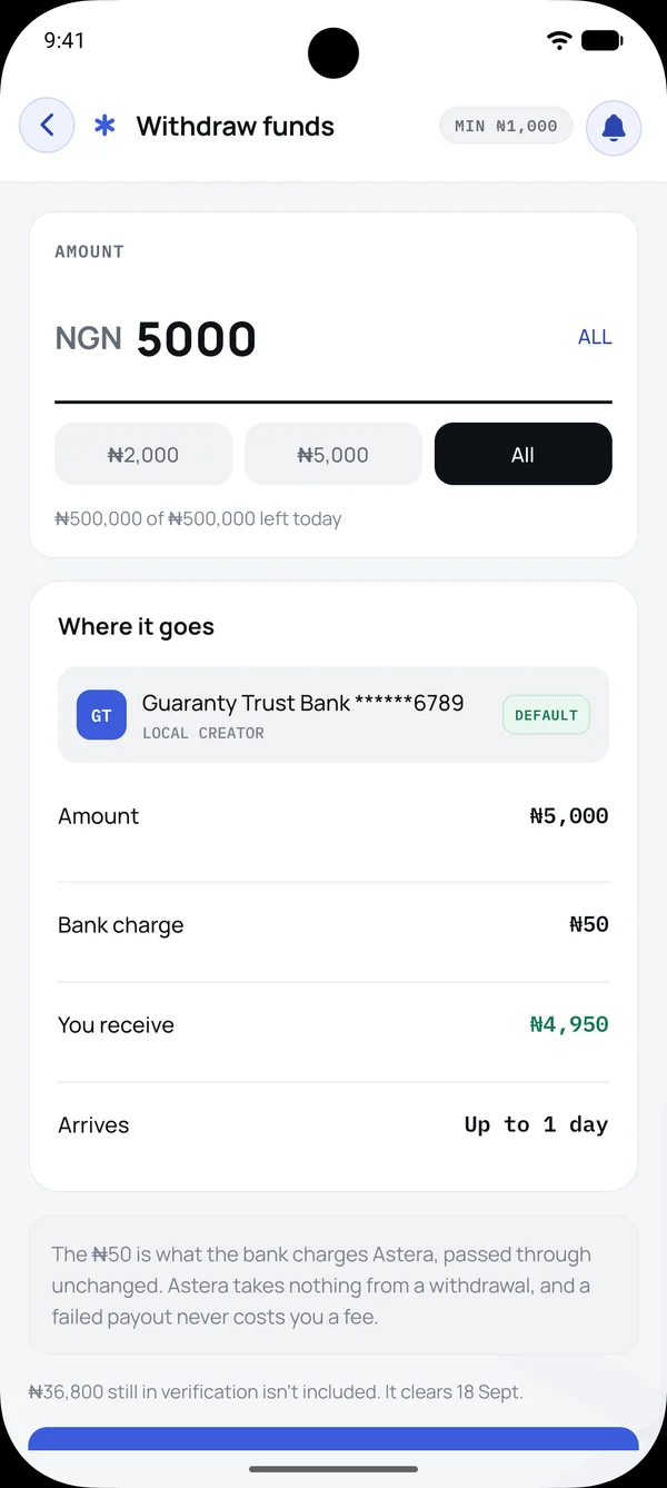 Astera app withdraw screen: choose an amount, the destination bank account, the bank charge and the amount you receive.