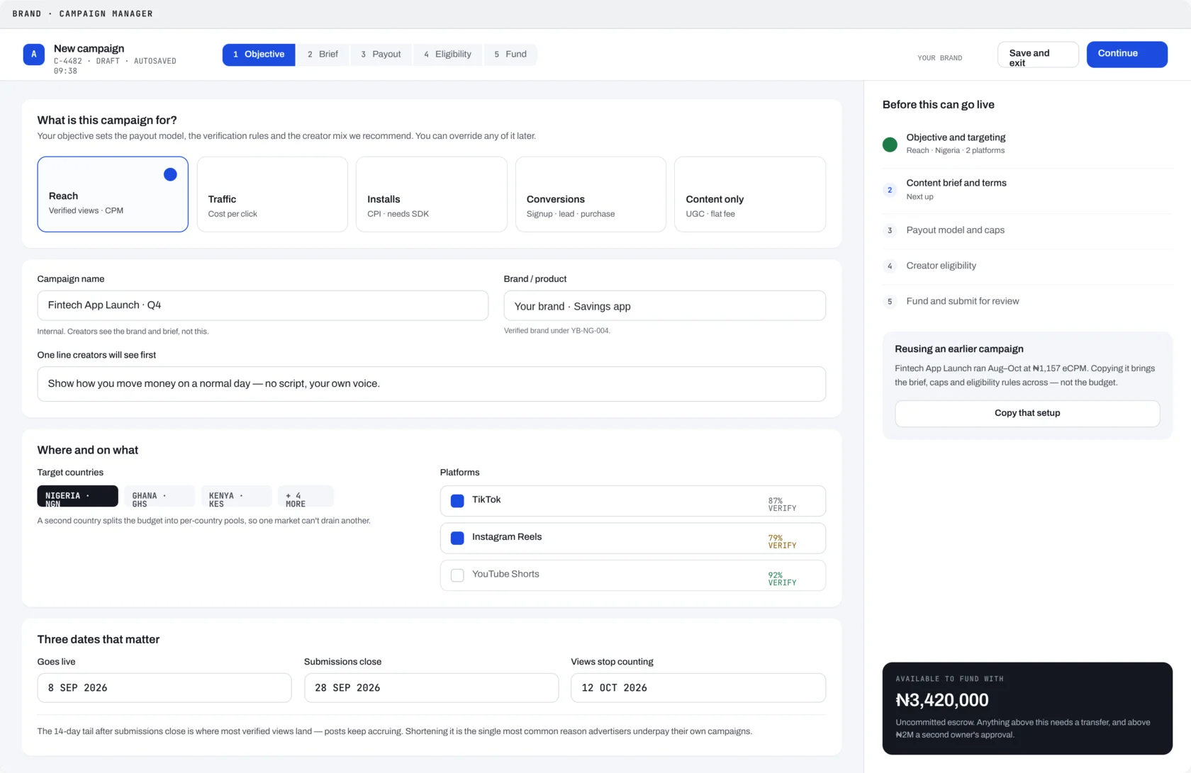 Astera campaign builder, step one: choose an objective such as reach, traffic or installs, name the campaign, pick target countries and platforms, and set the key dates.